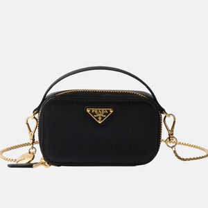 PRADA Saffiano Black Leather Mini Pouch Gold Hardware Crossbody Bag w/ Box
